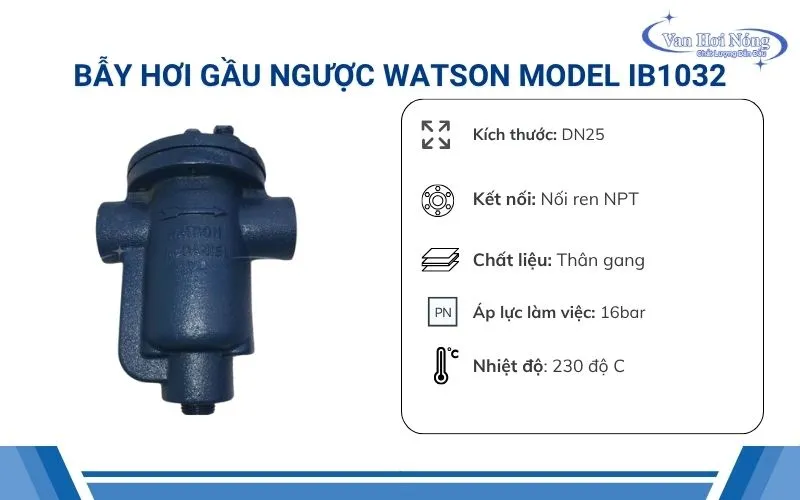 Thông số cơ bản bẫy hơi gầu đảo IB1032 Watson