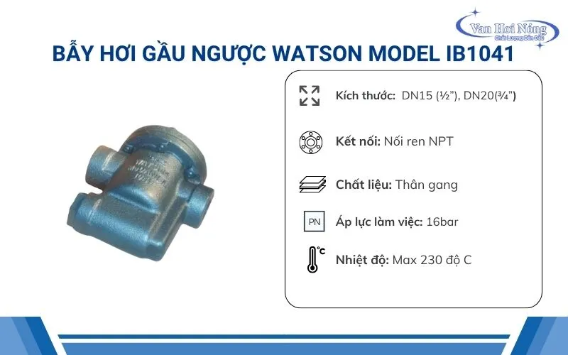 Thông số cơ bản bẫy hơi gầu đảo IB1041 Watson