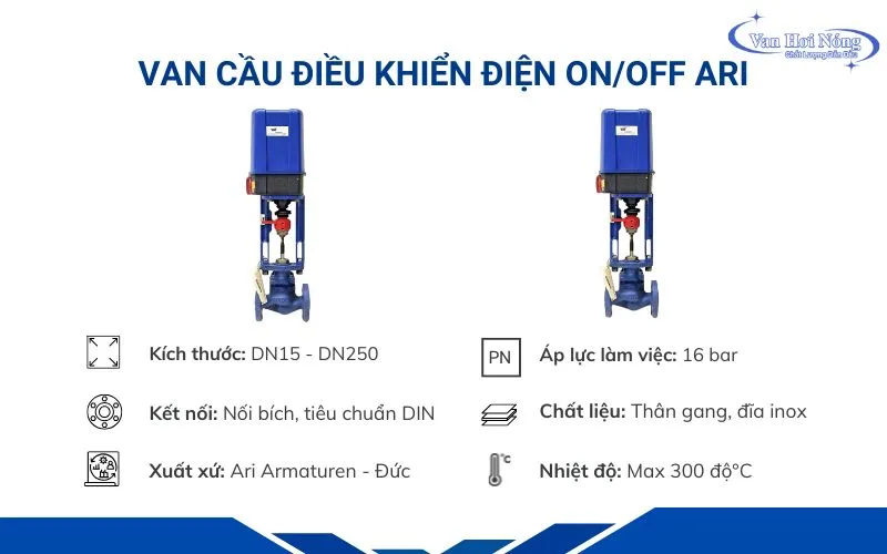 Thông tin van cầu thép điều khiển điện ON/OFF Ari