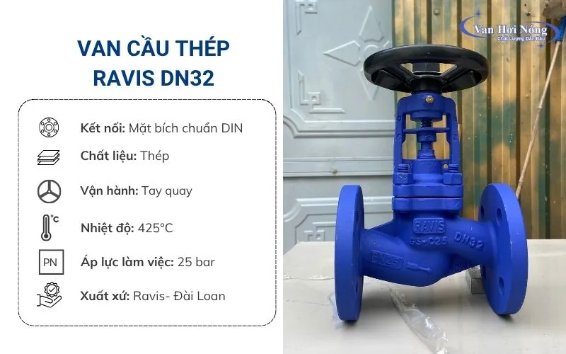 Van cầu thép Ravis Đài Loan DN32 chịu nhiệt tối ưu