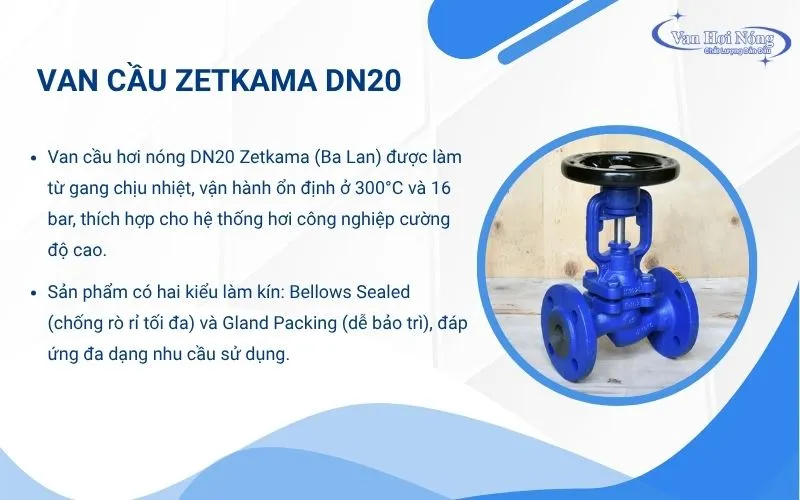 Van cầu hơi Zetkama DN20 chất lượng chuẩn châu Âu, kiểm soát dòng chảy hiệu quả