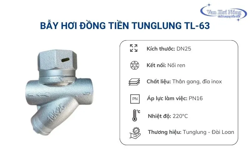 Bẫy hơi đồng tiền Tunglung DN25 model TL63 đơn giản, dễ lắp