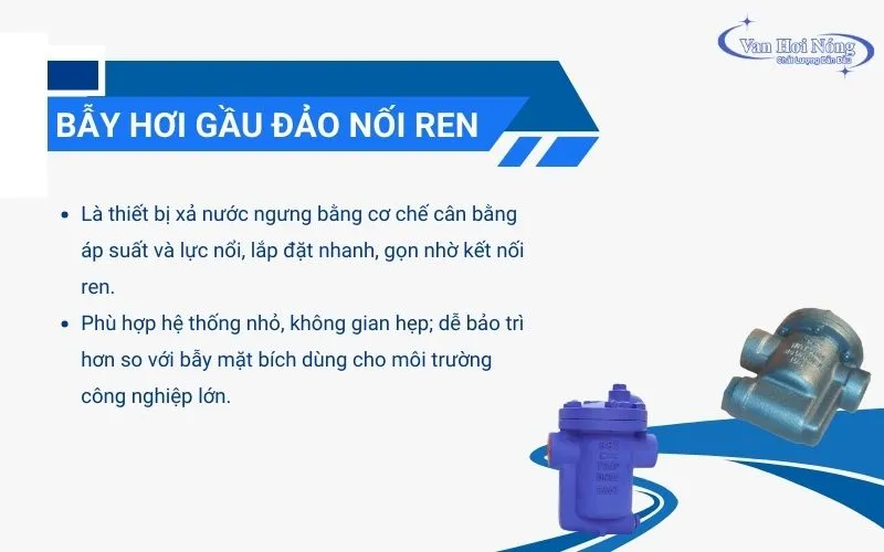 Bẫy hơi gầu đảo nối ren phù hợp với không gian hẹp