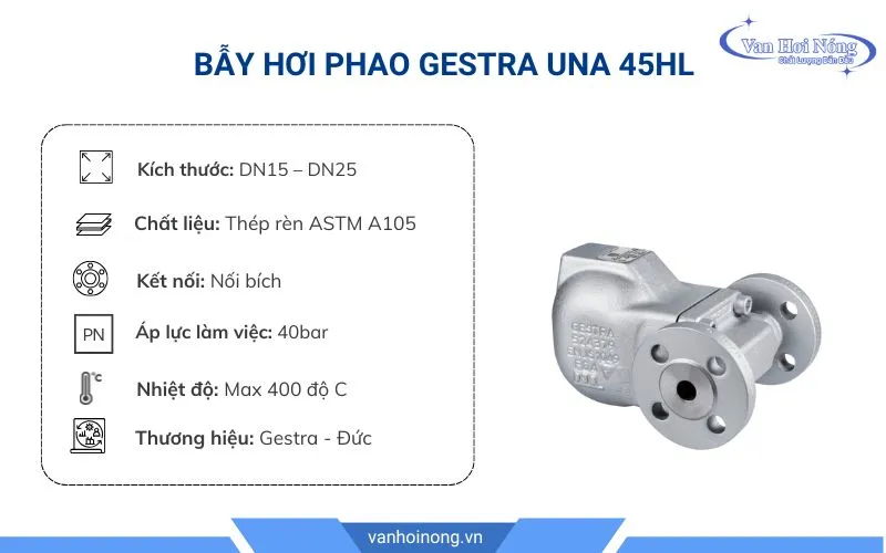 Cốc ngưng phao Gestra UNA 45HL dùng trong hệ thống cơ lưu lượng hơi lớn