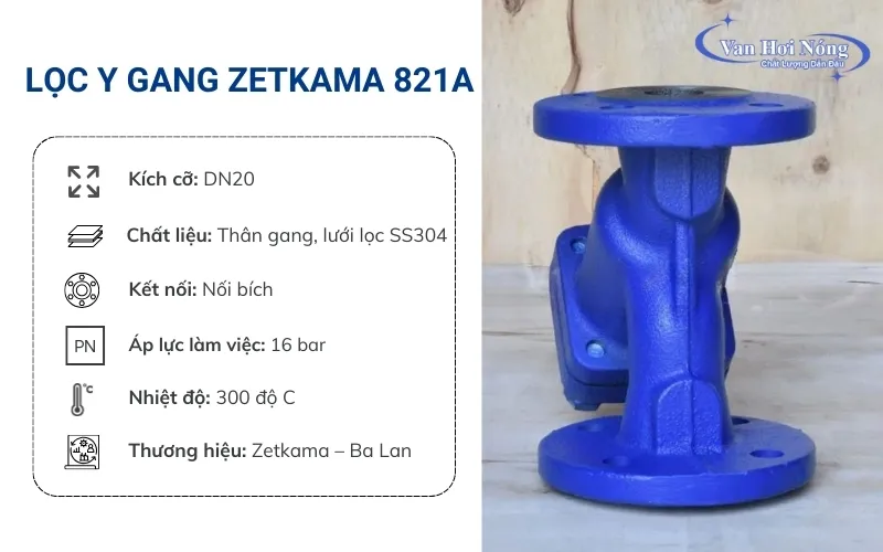 Lọc y gang Zetkama 821A DN20 độ bền cao, đáp ứng yêu cầu hệ thống hơi phi 27mm