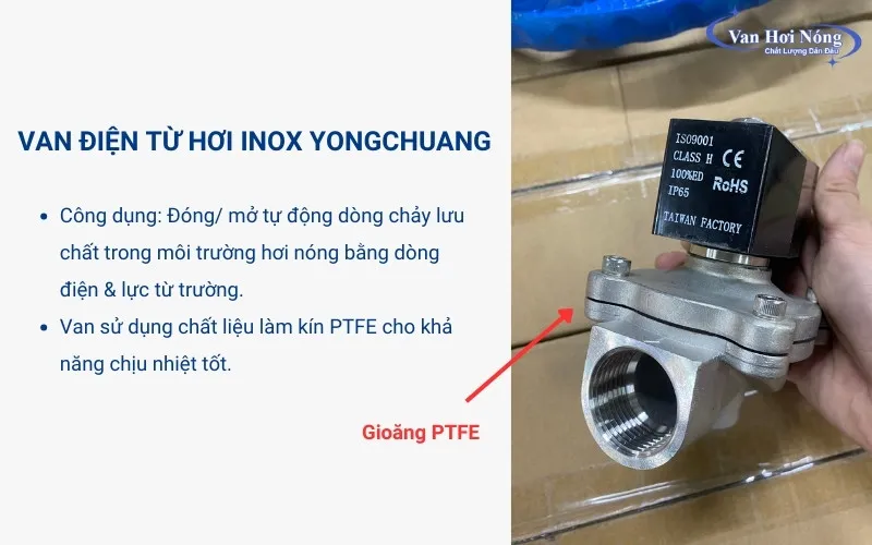 Van điện từ inox Yongchuang với màng PTFE dùng cho hệ hơi