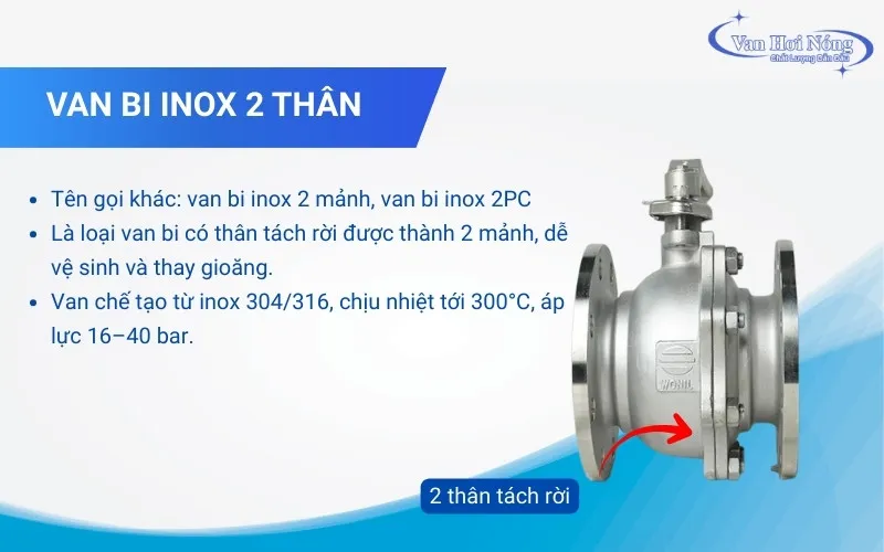 Van bi inox 2 thân có thiết kế thân tháo rời và liên kết với nhau bằng ren hoặc bulong