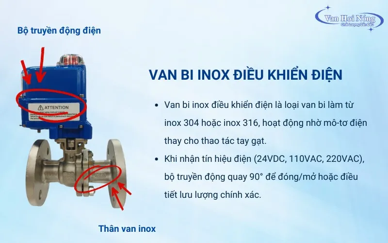 Van bi inox điều khiển điện có thân van inox kết hợp với bộ truyền động điện